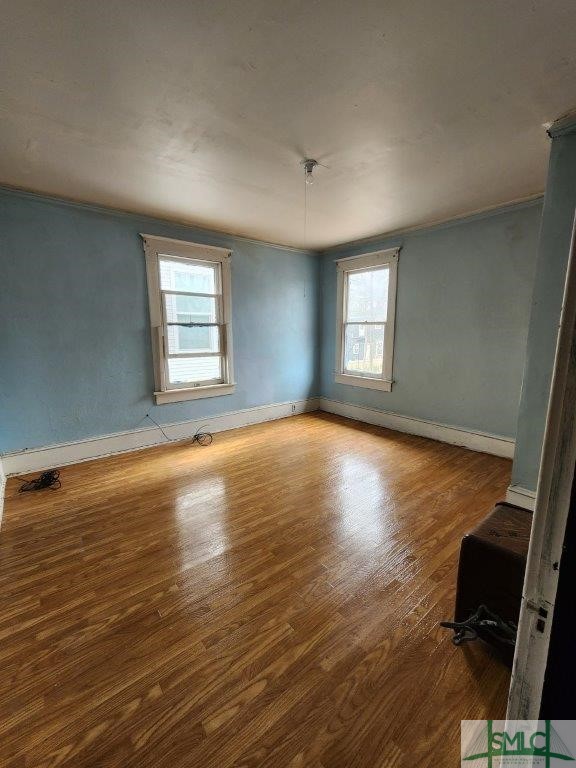 spare room featuring hardwood / wood-style flooring and crown molding