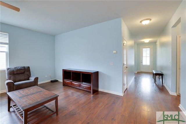 sitting room with dark hardwood / wood-style flooring