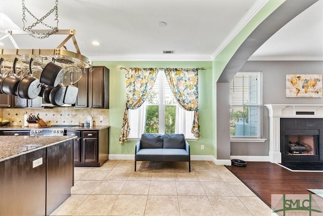 kitchen featuring a tiled fireplace, ornamental molding, dark brown cabinetry, and decorative backsplash