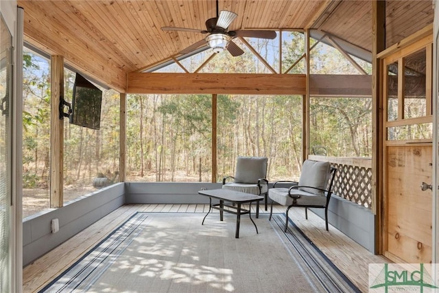 unfurnished sunroom featuring ceiling fan, lofted ceiling, and wood ceiling