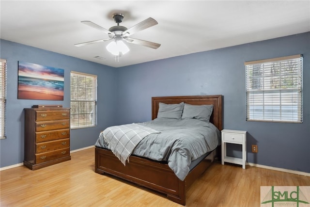 bedroom featuring light hardwood / wood-style flooring and ceiling fan