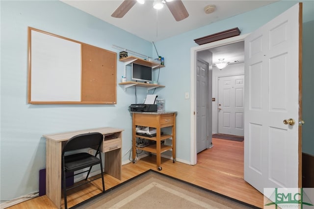 home office with hardwood / wood-style flooring and ceiling fan
