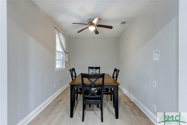 dining room with ceiling fan and light hardwood / wood-style flooring