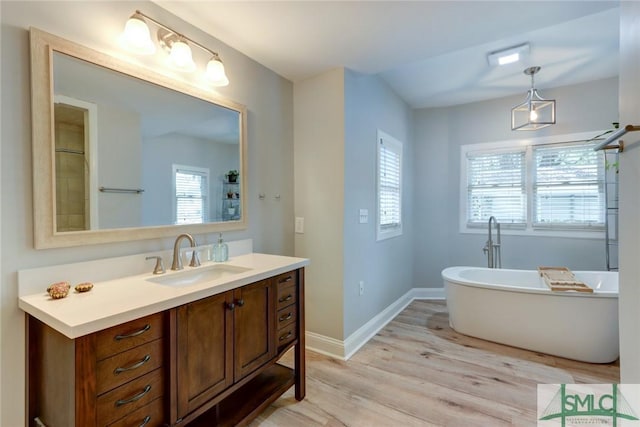 bathroom featuring wood-type flooring, a bathing tub, and vanity