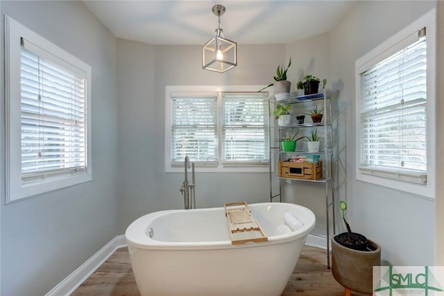 bathroom with hardwood / wood-style flooring, a wealth of natural light, and a bath