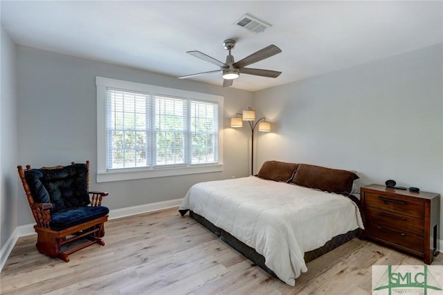 bedroom featuring ceiling fan and light hardwood / wood-style floors