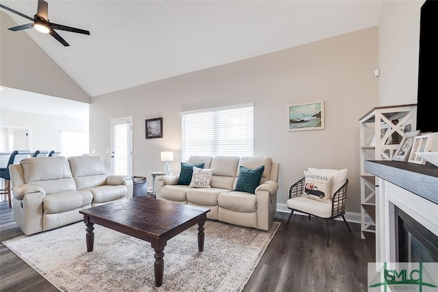 100 Sweetwater Cir, Rincon, GA 31326 - living room with high vaulted ceiling, dark hardwood / wood-style floors, and ceiling fan
