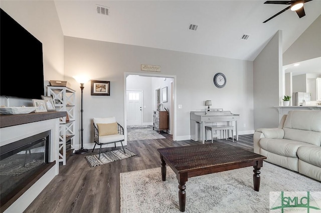 100 Sweetwater Cir, Rincon, GA 31326 - living room with dark wood-type flooring, ceiling fan, and lofted ceiling