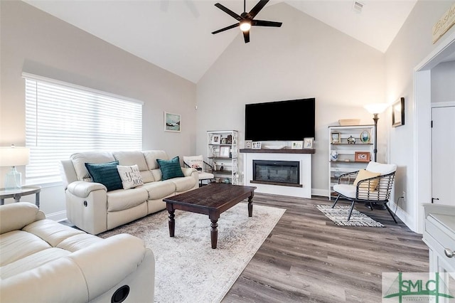 100 Sweetwater Cir, Rincon, GA 31326 - living room with ceiling fan, wood-type flooring, and high vaulted ceiling