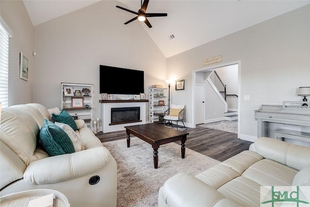 100 Sweetwater Cir, Rincon, GA 31326 - living room featuring ceiling fan, high vaulted ceiling, and hardwood / wood-style floors