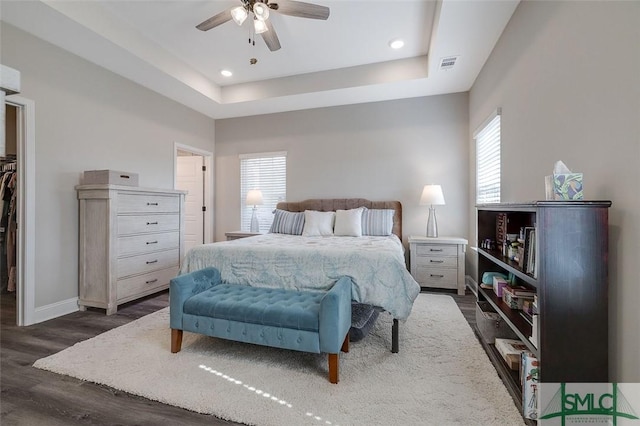 100 Sweetwater Cir, Rincon, GA 31326 - bedroom featuring a tray ceiling, dark hardwood / wood-style floors, ceiling fan, and a spacious closet
