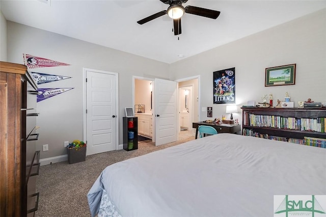 100 Sweetwater Cir, Rincon, GA 31326 - carpeted bedroom featuring connected bathroom and ceiling fan