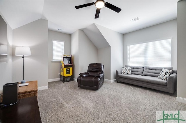 100 Sweetwater Cir, Rincon, GA 31326 - carpeted living room with vaulted ceiling and ceiling fan