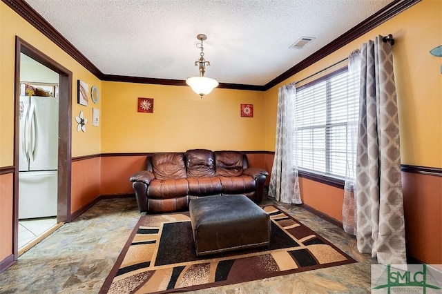 living room featuring ornamental molding and a textured ceiling