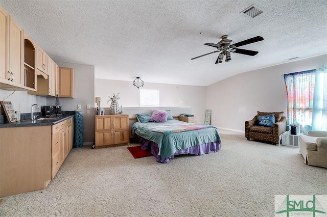 carpeted bedroom with sink and a textured ceiling