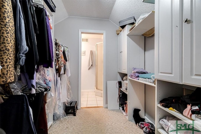 walk in closet featuring vaulted ceiling and carpet