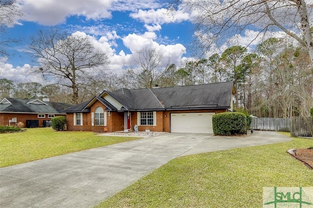 ranch-style house with a garage and a front yard