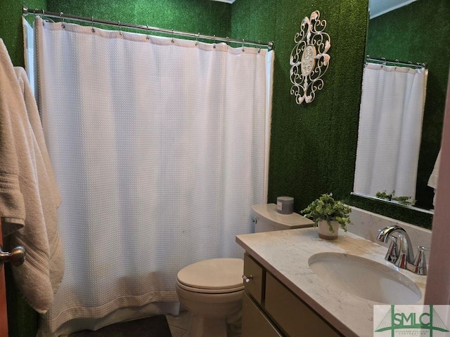 bathroom featuring vanity, tile patterned flooring, toilet, and a shower with shower curtain