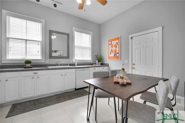 kitchen featuring light tile patterned flooring, sink, white cabinetry, dishwasher, and ceiling fan