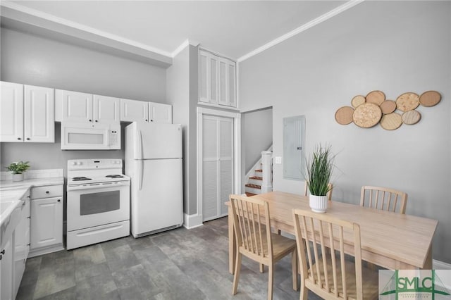 kitchen featuring dark wood-type flooring, white cabinetry, ornamental molding, electric panel, and white appliances