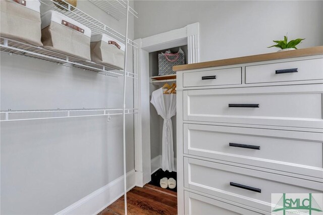 spacious closet featuring dark hardwood / wood-style floors