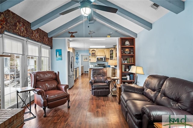 living room with hardwood / wood-style flooring, lofted ceiling with beams, and ceiling fan