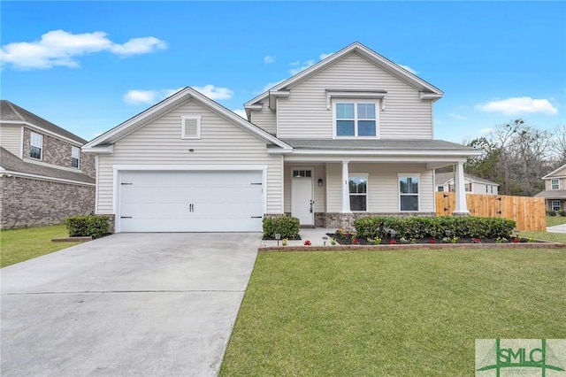 view of front of house with a garage, a porch, and a front lawn