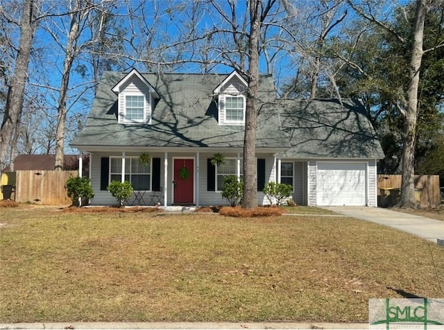 cape cod home with driveway, covered porch, an attached garage, and fence