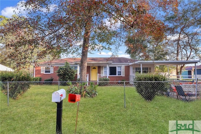 single story home featuring a front yard and a carport