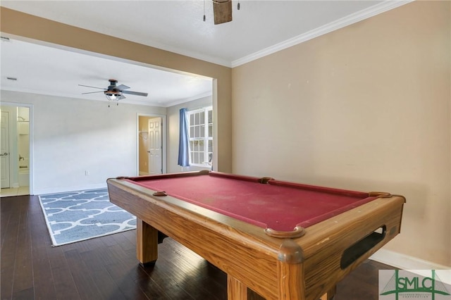 108 Stafford St, Hinesville, GA 31313 - game room featuring billiards, ornamental molding, dark hardwood / wood-style floors, and ceiling fan