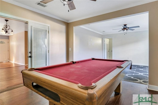 108 Stafford St, Hinesville, GA 31313 - rec room with crown molding, ceiling fan, dark hardwood / wood-style flooring, and billiards