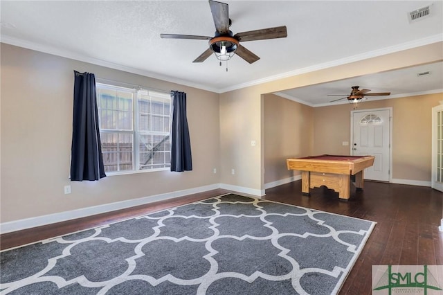 108 Stafford St, Hinesville, GA 31313 - recreation room with ornamental molding, pool table, ceiling fan, and dark hardwood / wood-style flooring