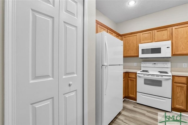 kitchen featuring white appliances and light hardwood / wood-style flooring