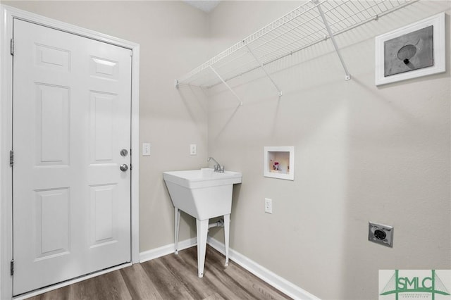 laundry area featuring wood-type flooring, electric dryer hookup, and washer hookup