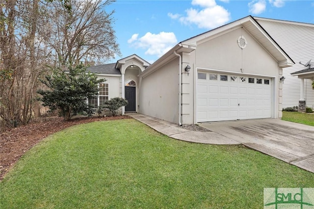 ranch-style home with a garage and a front lawn