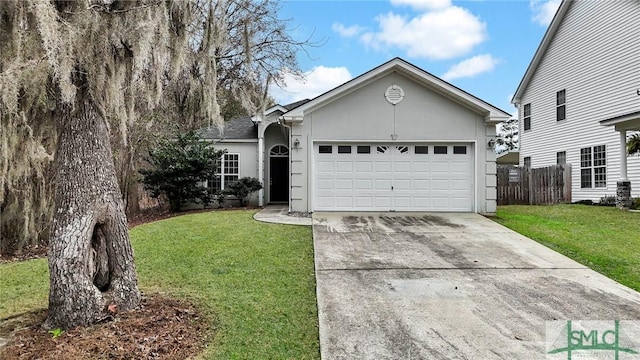 ranch-style house featuring a garage and a front yard