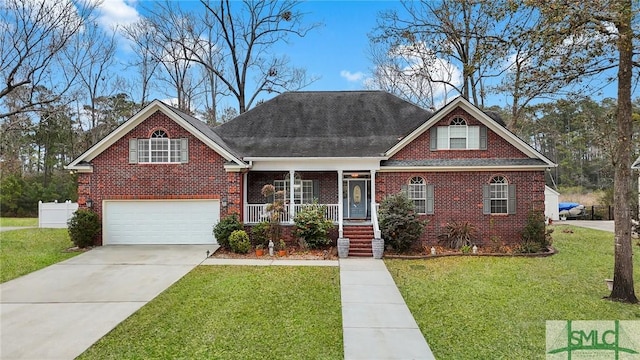 view of front of house with a garage, a front lawn, and a porch