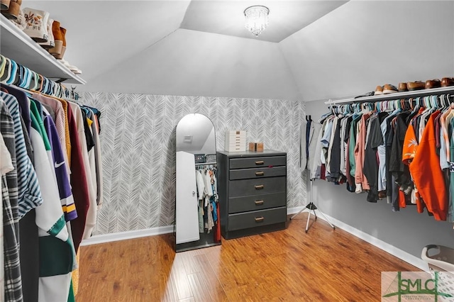 spacious closet with vaulted ceiling and light wood-type flooring