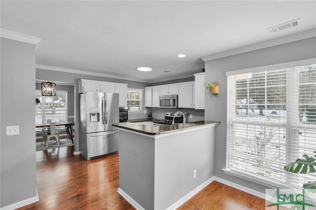 kitchen with stainless steel appliances, dark hardwood / wood-style floors, kitchen peninsula, and white cabinets