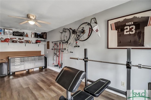 exercise area with hardwood / wood-style floors and ceiling fan