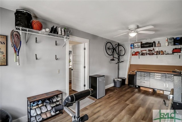 workout room featuring hardwood / wood-style flooring and ceiling fan