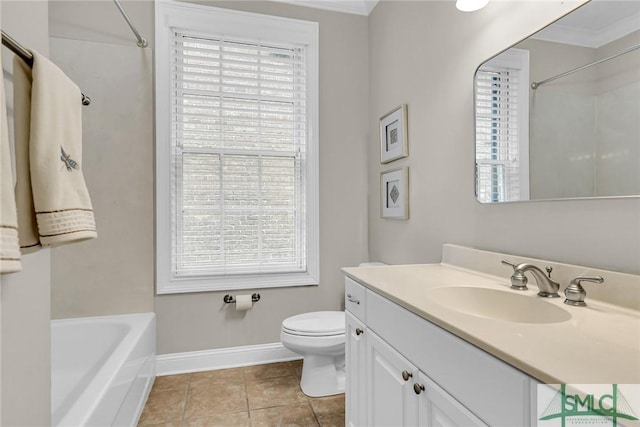 full bathroom with tile patterned floors, toilet, ornamental molding, vanity, and shower / washtub combination