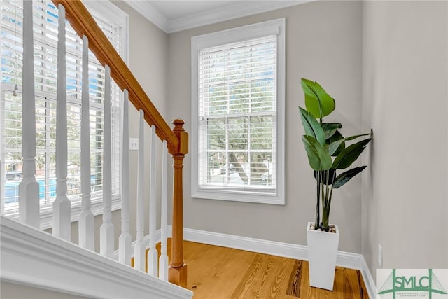 staircase featuring hardwood / wood-style flooring and ornamental molding