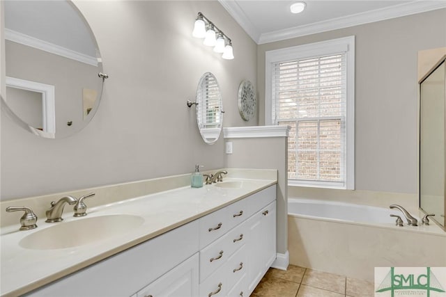 bathroom featuring tile patterned flooring, ornamental molding, vanity, and a tub to relax in