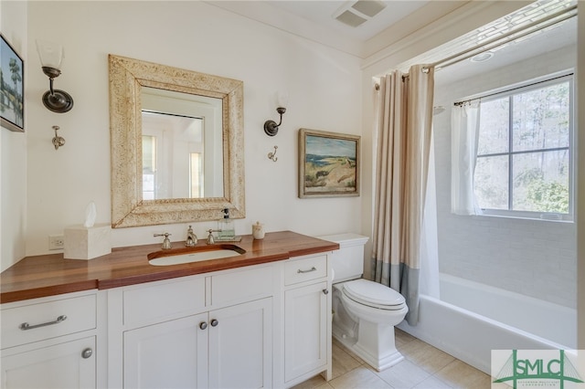 bathroom with tile patterned flooring, toilet, visible vents, vanity, and shower / bath combination with curtain