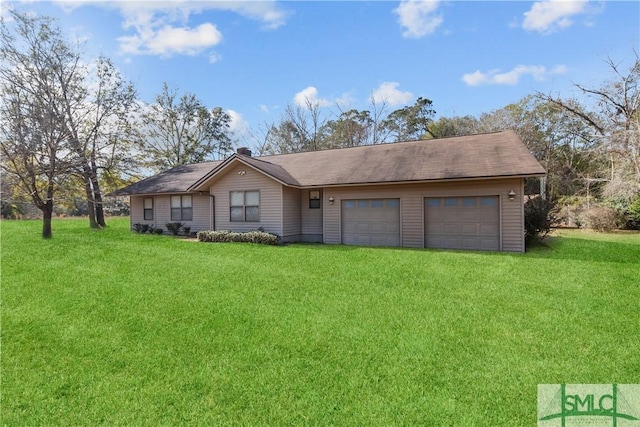 ranch-style house with a garage and a front yard