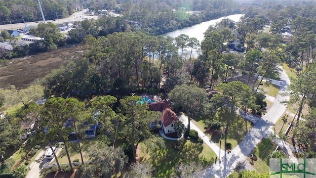 drone / aerial view with a water view