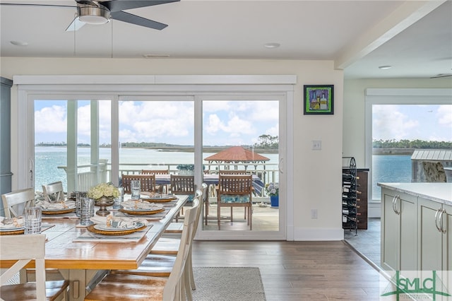 dining space featuring hardwood / wood-style flooring, plenty of natural light, ceiling fan, and a water view