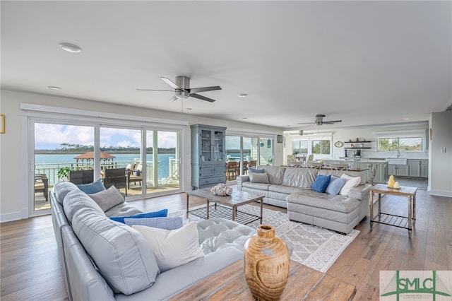 living room featuring a water view, sink, a wealth of natural light, and light wood-type flooring