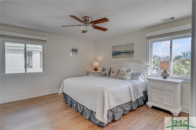 bedroom featuring ceiling fan and light hardwood / wood-style floors